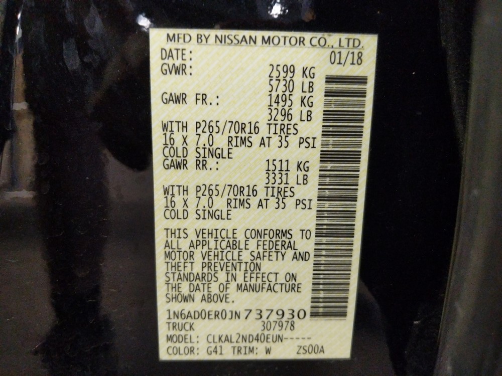 2018 Nissan Frontier - VIN Plate