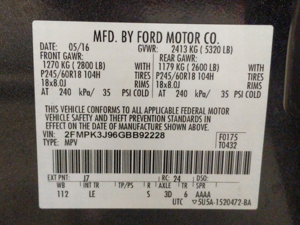 2016 Ford Edge - VIN Plate
