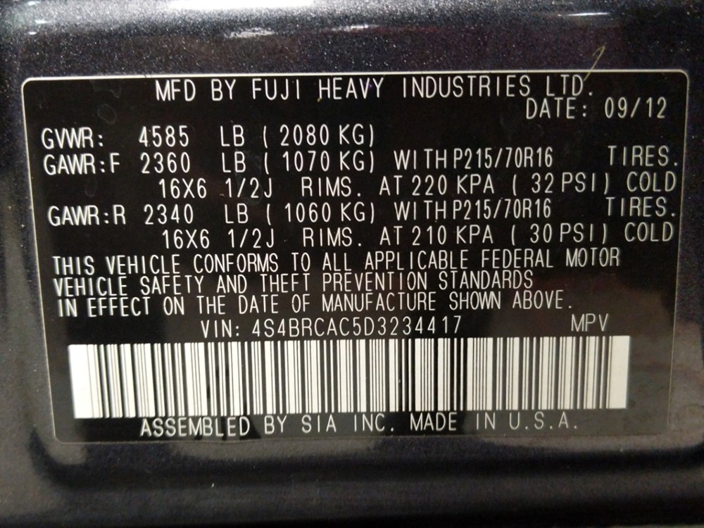 2013 Subaru Outback - VIN Plate