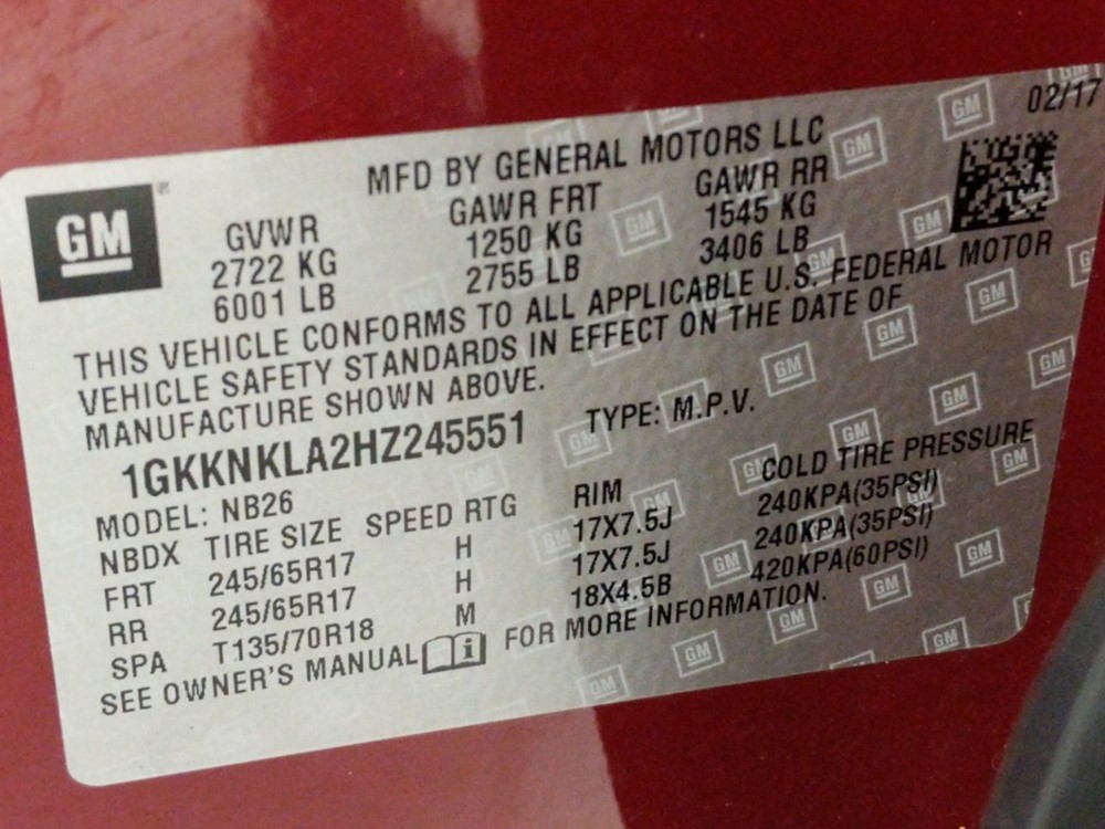 2017 GMC Acadia - VIN Plate