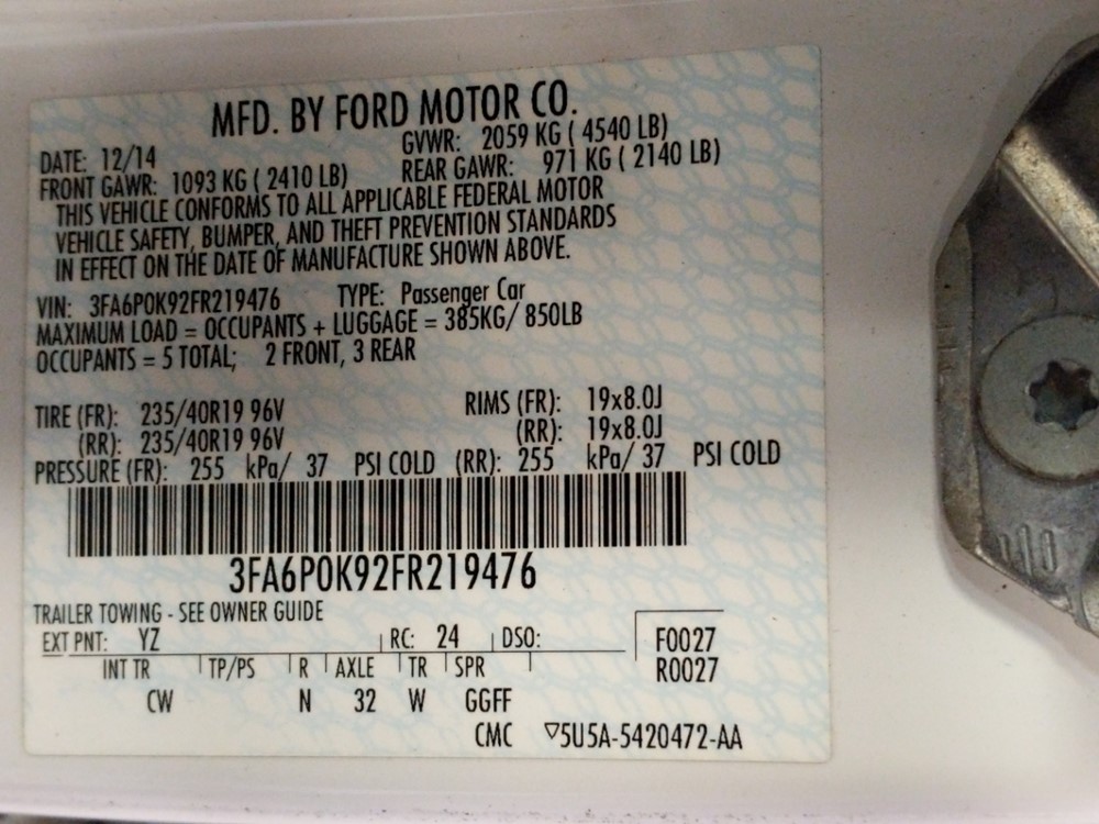 2015 Ford Fusion - VIN Plate