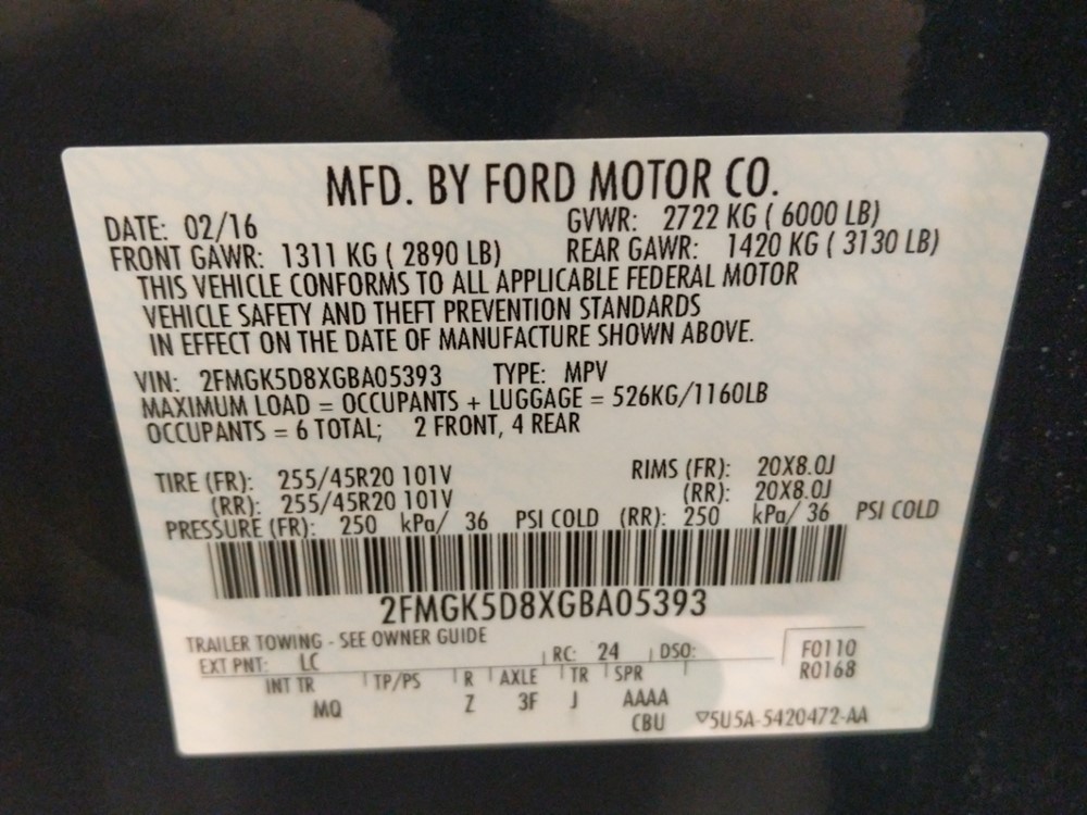 2016 Ford Flex - VIN Plate