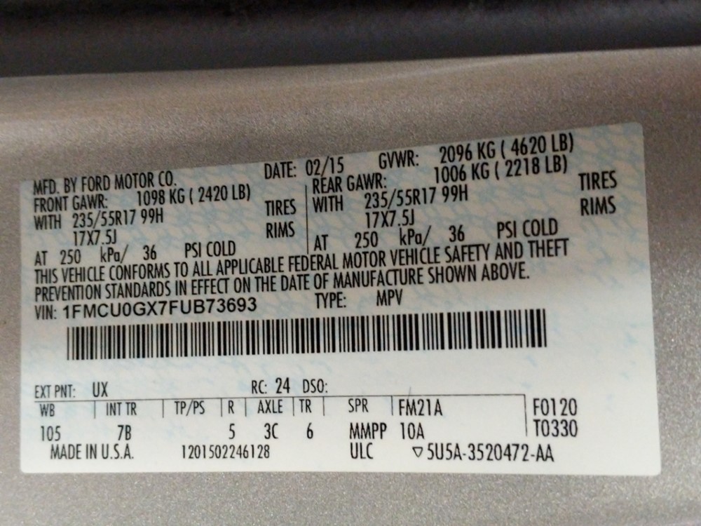 2015 Ford Escape - VIN Plate