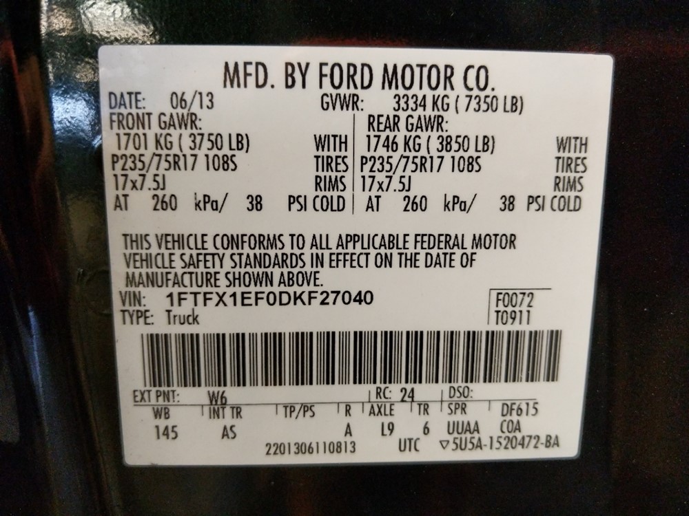 2013 Ford F-150 - VIN Plate