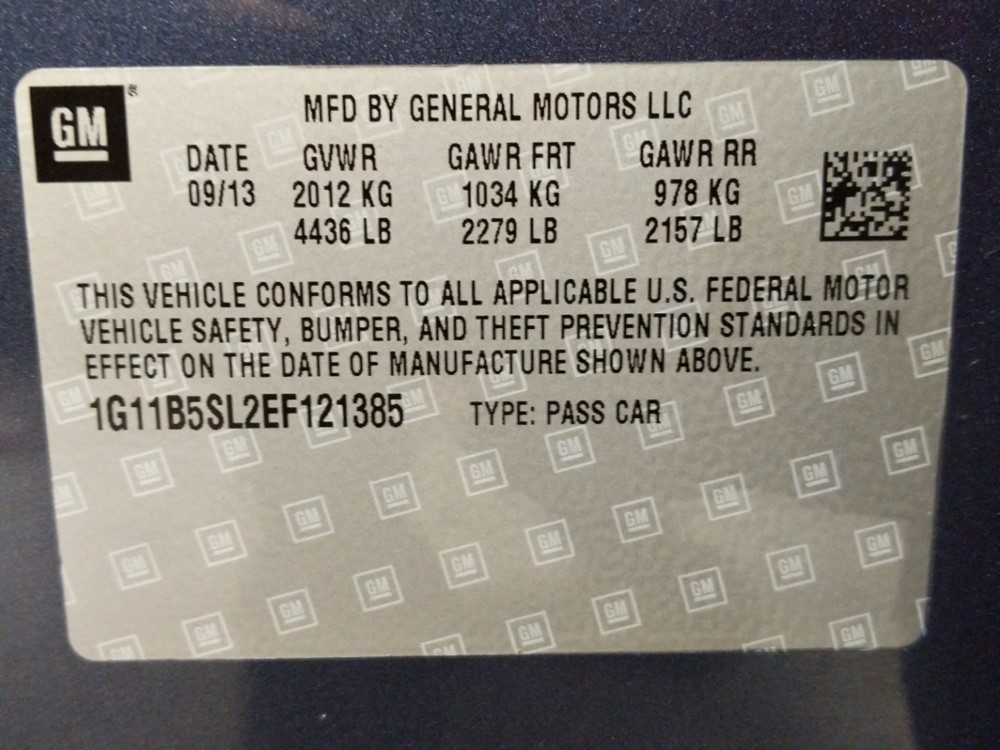 2014 Chevrolet Malibu - VIN Plate