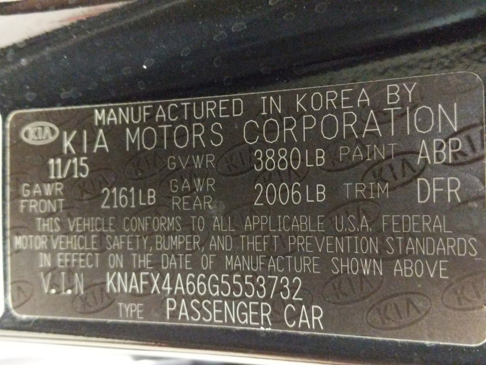 2016 Kia Forte - VIN Plate