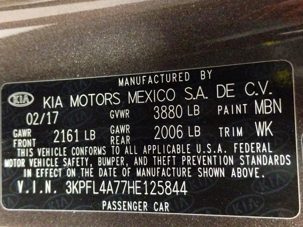 2017 Kia Forte - VIN Plate
