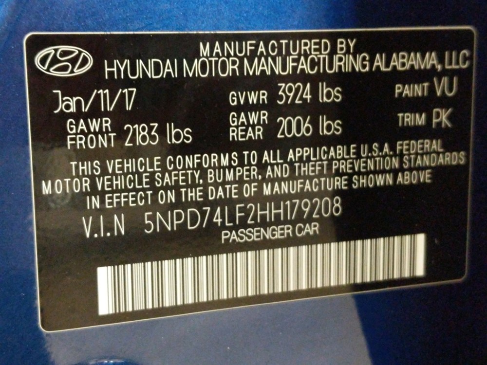 2017 Hyundai Elantra - VIN Plate