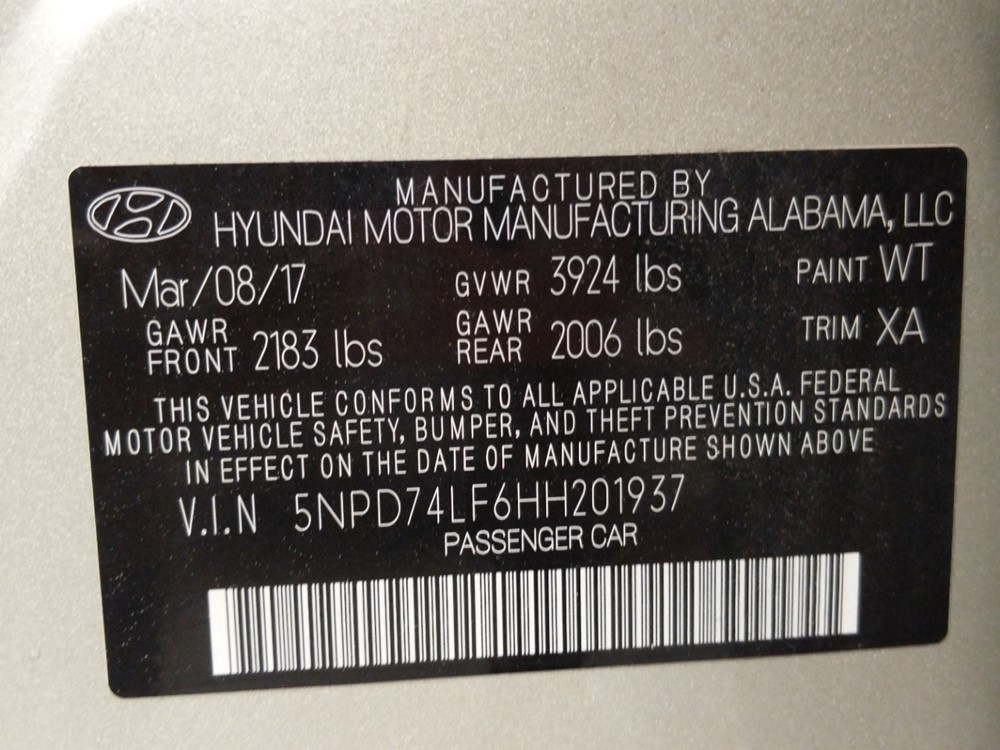 2017 Hyundai Elantra - VIN Plate