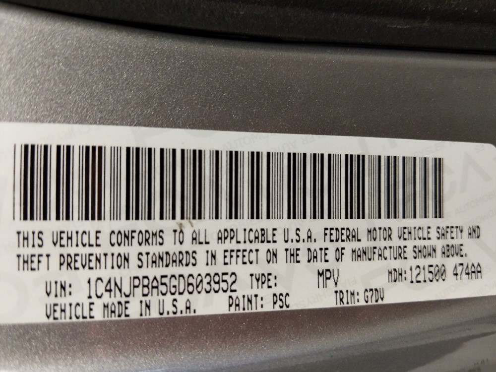 2016 Jeep Patriot - VIN Plate