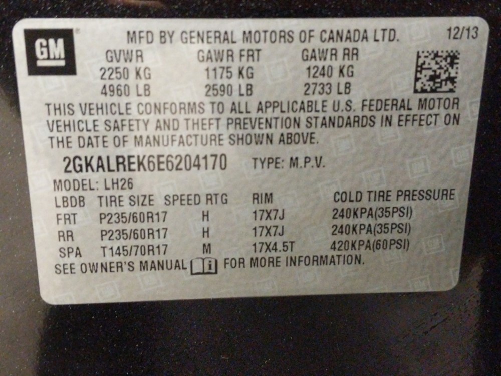 2014 GMC Terrain - VIN Plate