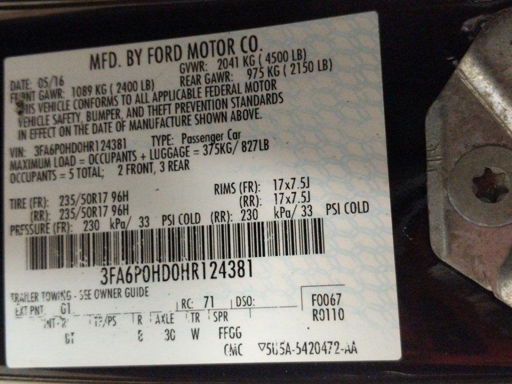 2017 Ford Fusion - VIN Plate