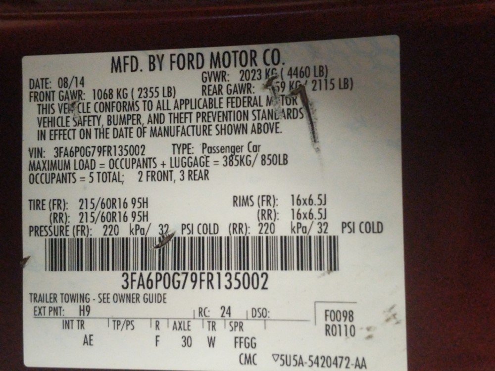 2015 Ford Fusion - VIN Plate