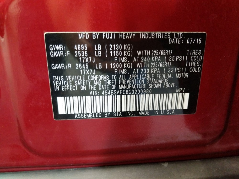 2016 Subaru Outback - VIN Plate
