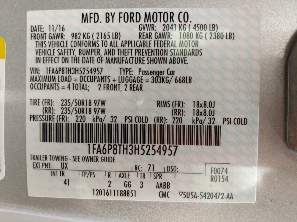 2017 Ford Mustang - VIN Plate