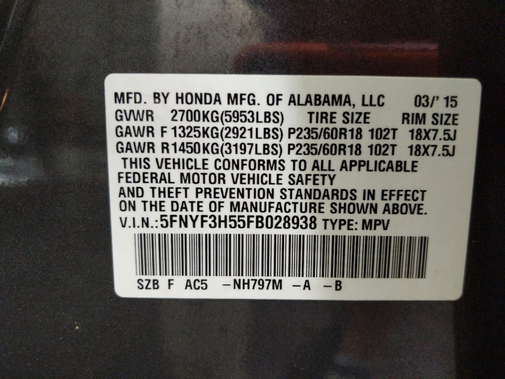 2015 Honda Pilot - VIN Plate