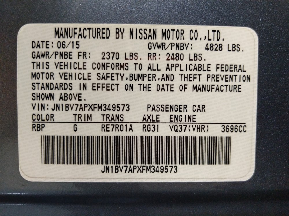 2015 INFINITI Q50 - VIN Plate