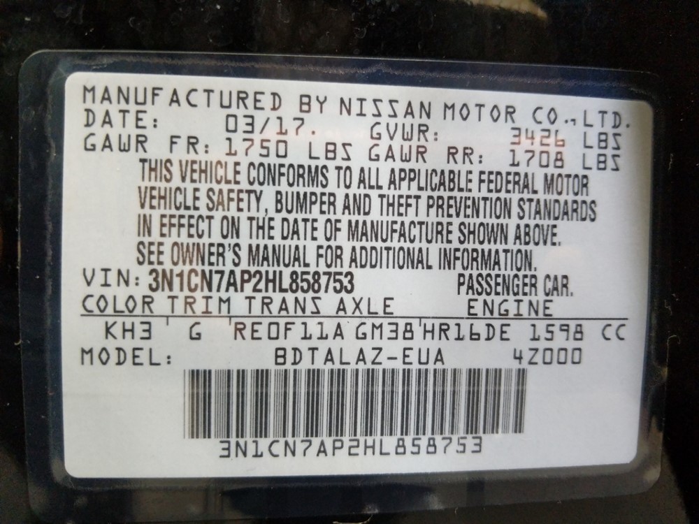 2017 Nissan Versa - VIN Plate