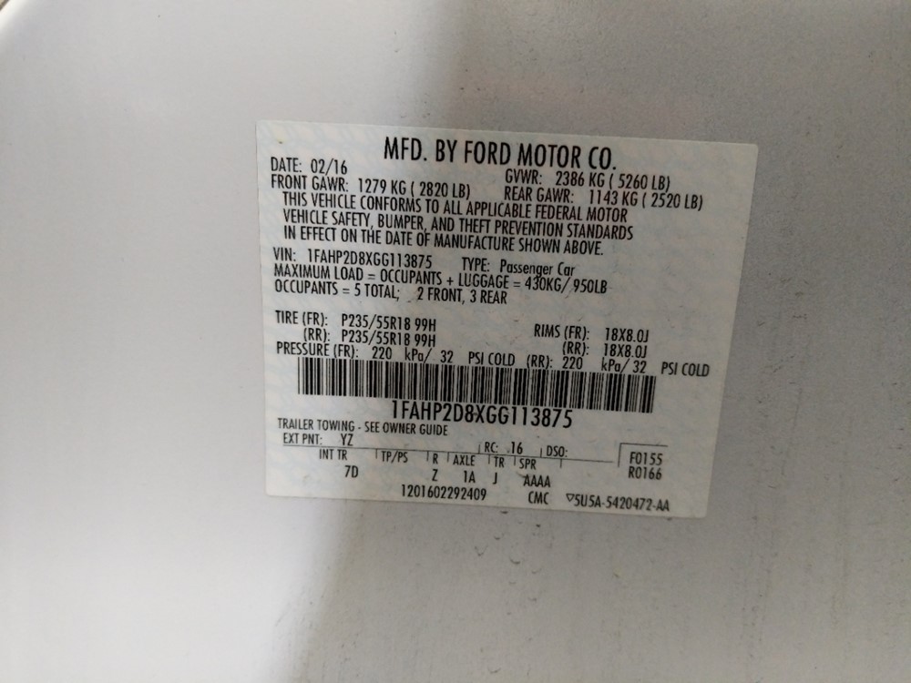 2016 Ford Taurus - VIN Plate