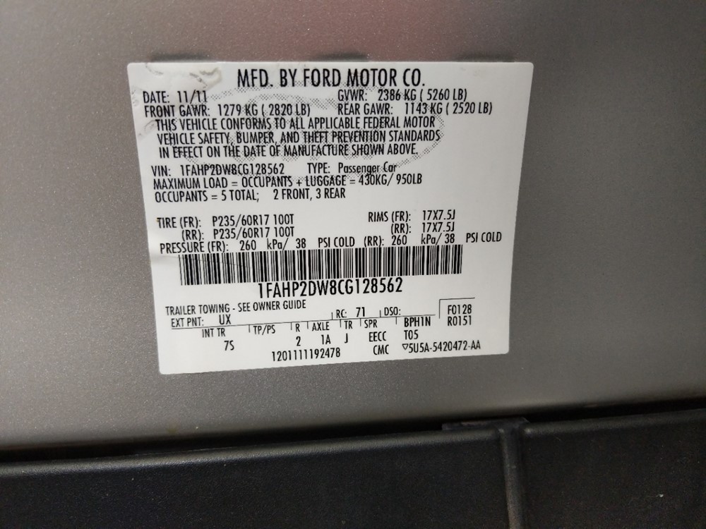 2012 Ford Taurus - VIN Plate