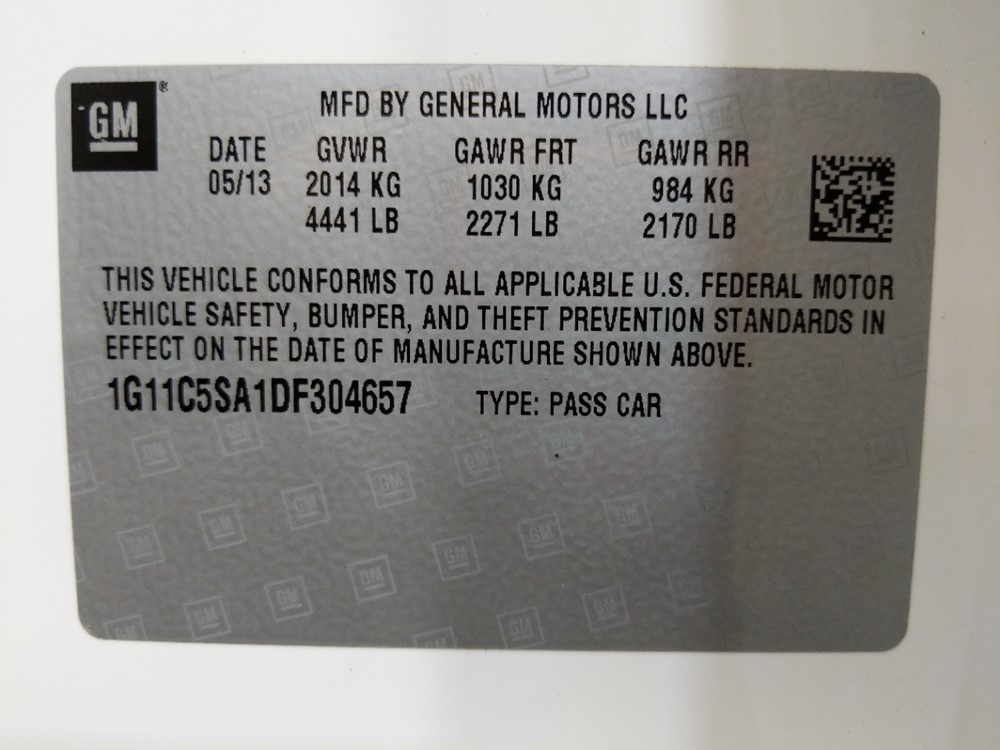 2013 Chevrolet Malibu - VIN Plate