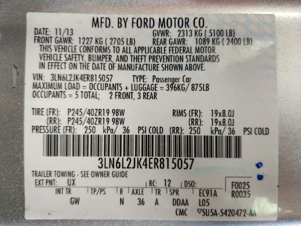 2014 Lincoln MKZ - VIN Plate