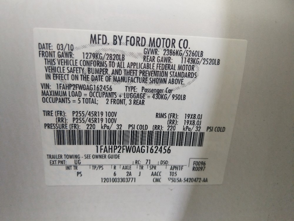 2010 Ford Taurus - VIN Plate