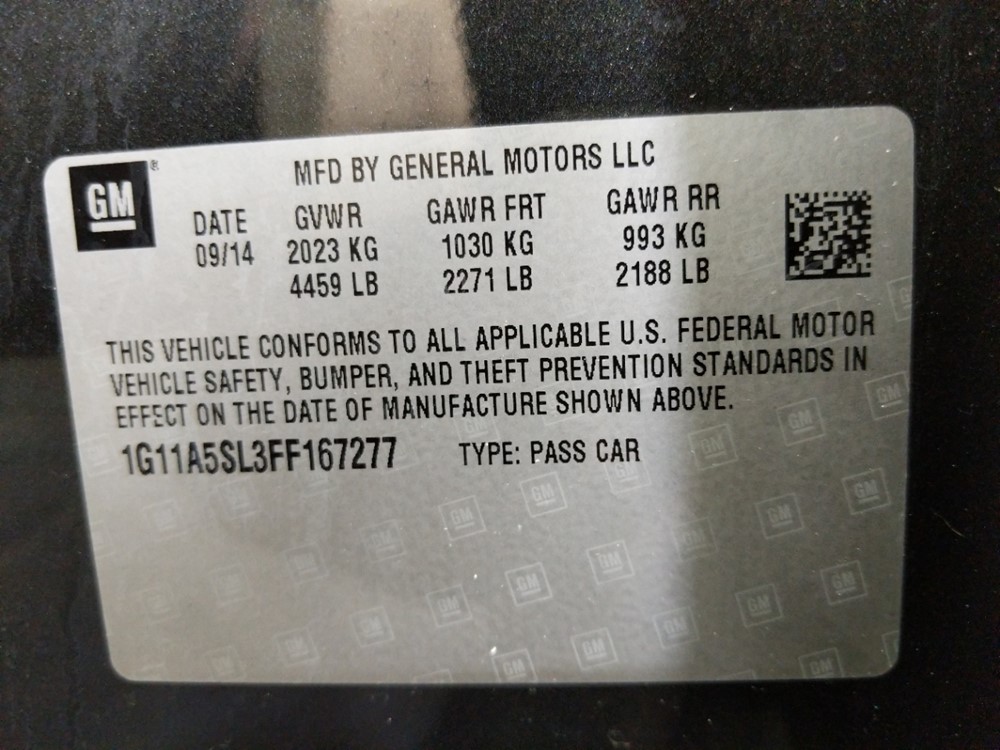 2015 Chevrolet Malibu - VIN Plate