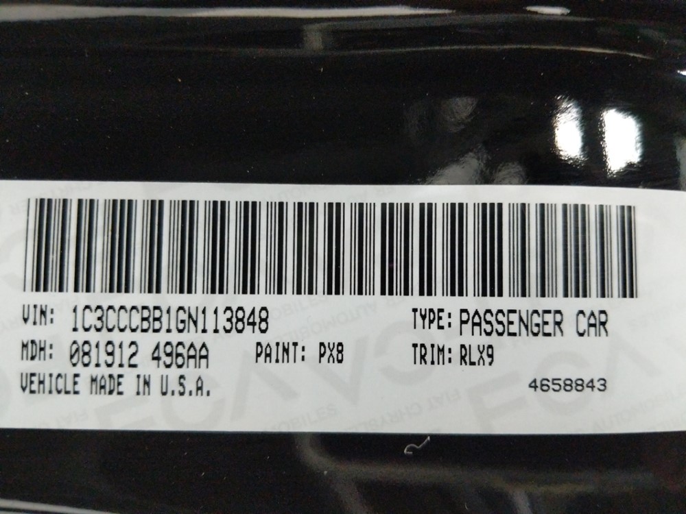 2016 Chrysler 200 - VIN Plate