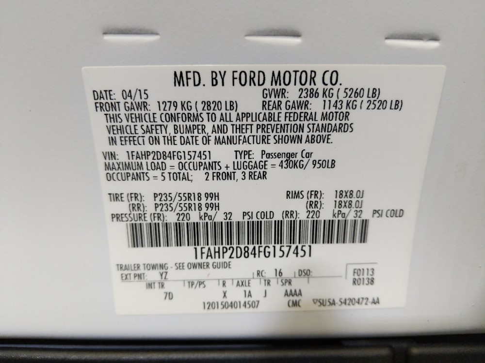 2015 Ford Taurus - VIN Plate