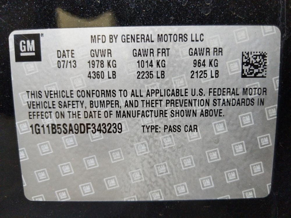 2013 Chevrolet Malibu - VIN Plate
