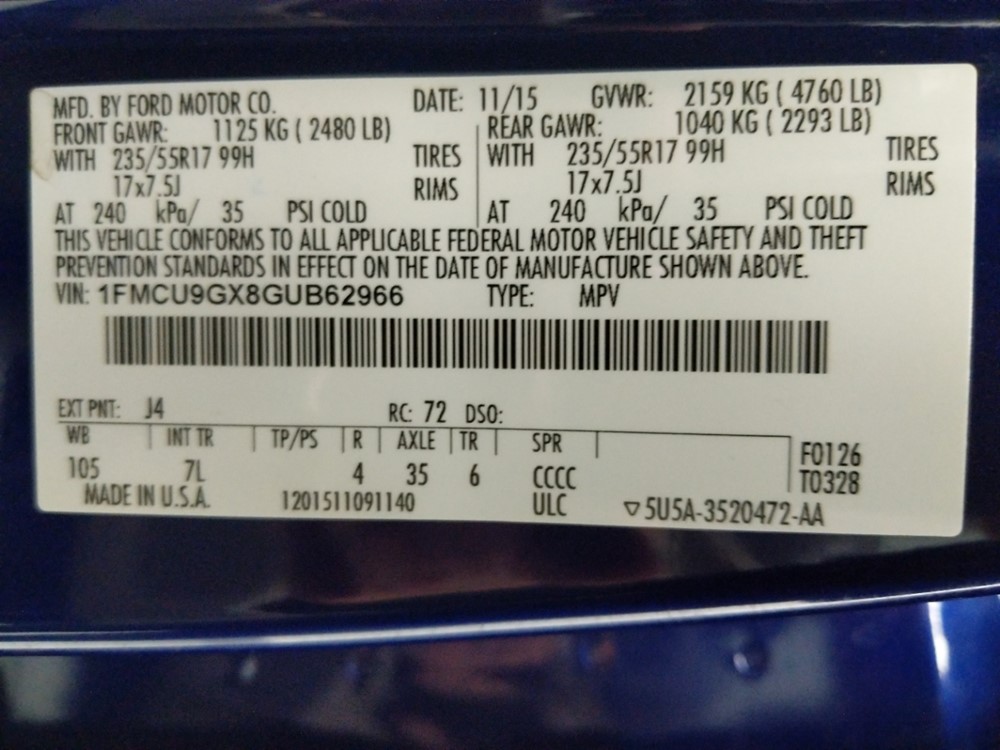 2016 Ford Escape - VIN Plate