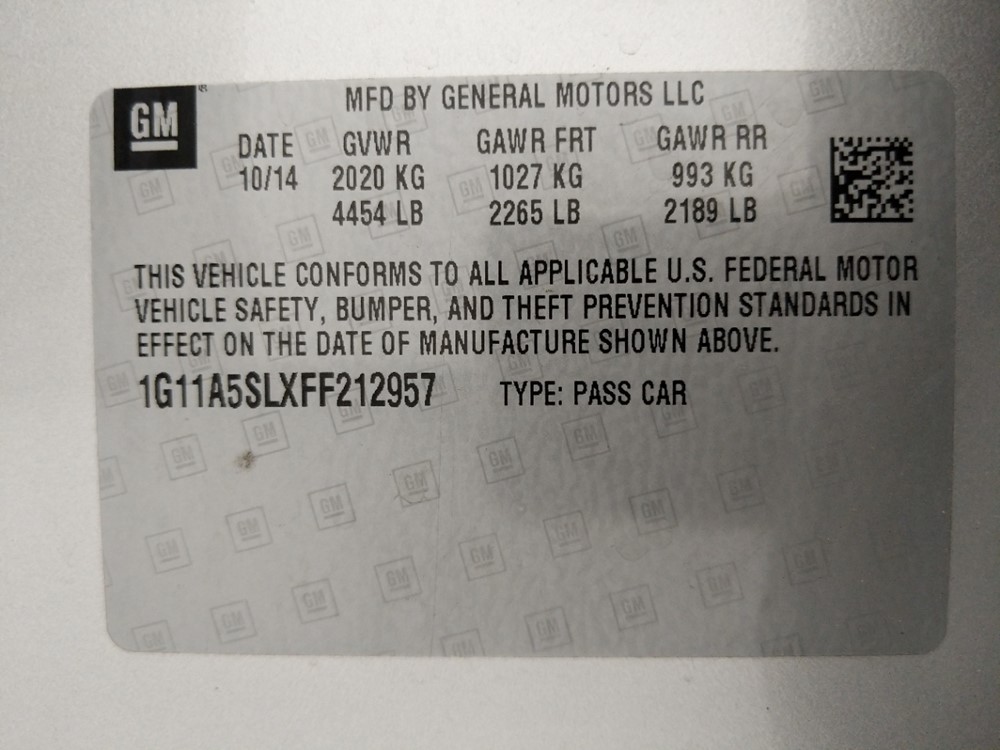2015 Chevrolet Malibu - VIN Plate