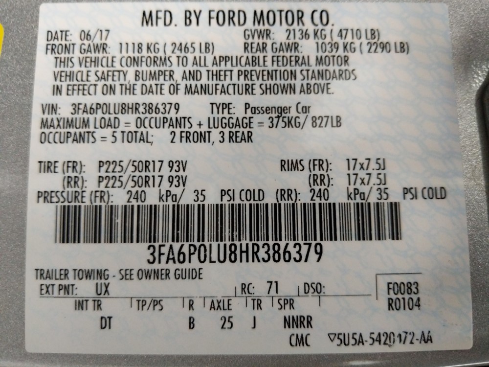 2017 Ford Fusion - VIN Plate
