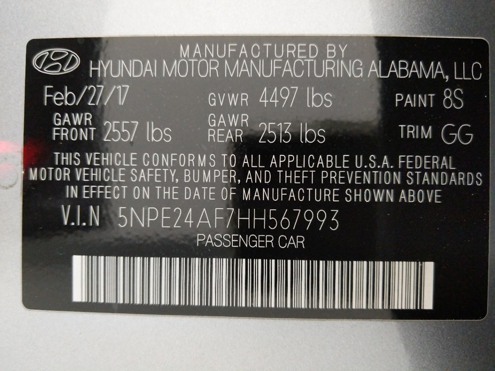 2017 Hyundai Sonata - VIN Plate
