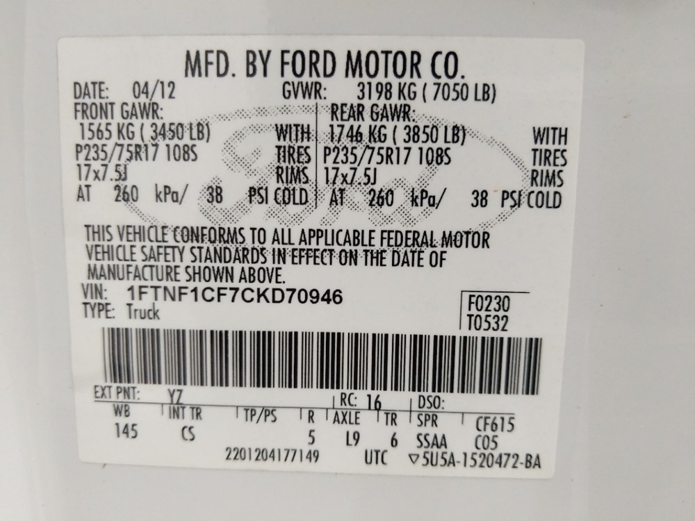 2012 Ford F-150 - VIN Plate