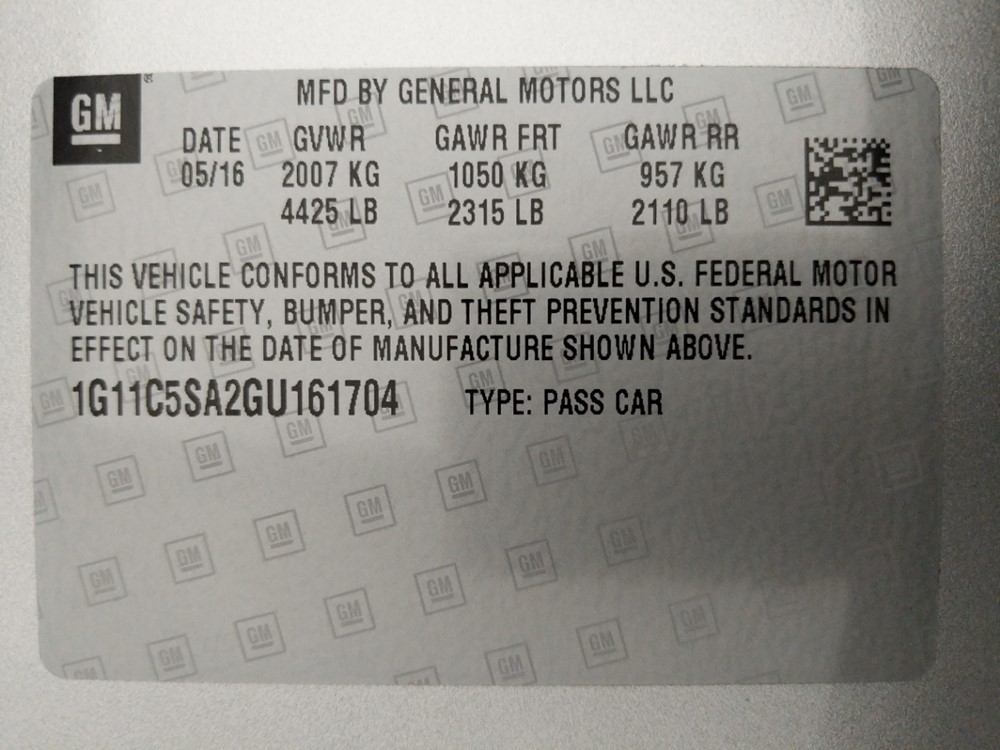 2016 Chevrolet Malibu - VIN Plate