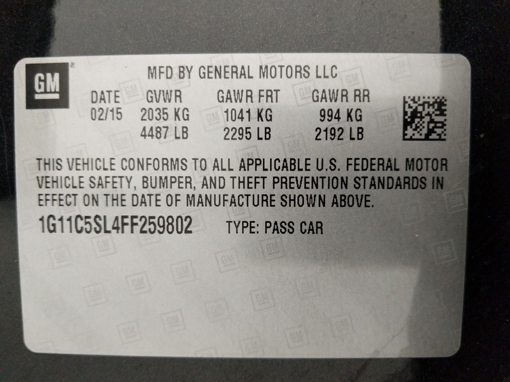 2015 Chevrolet Malibu - VIN Plate