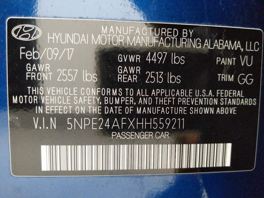 2017 Hyundai Sonata - VIN Plate