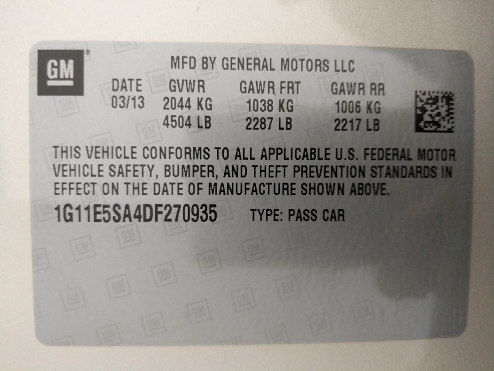 2013 Chevrolet Malibu - VIN Plate