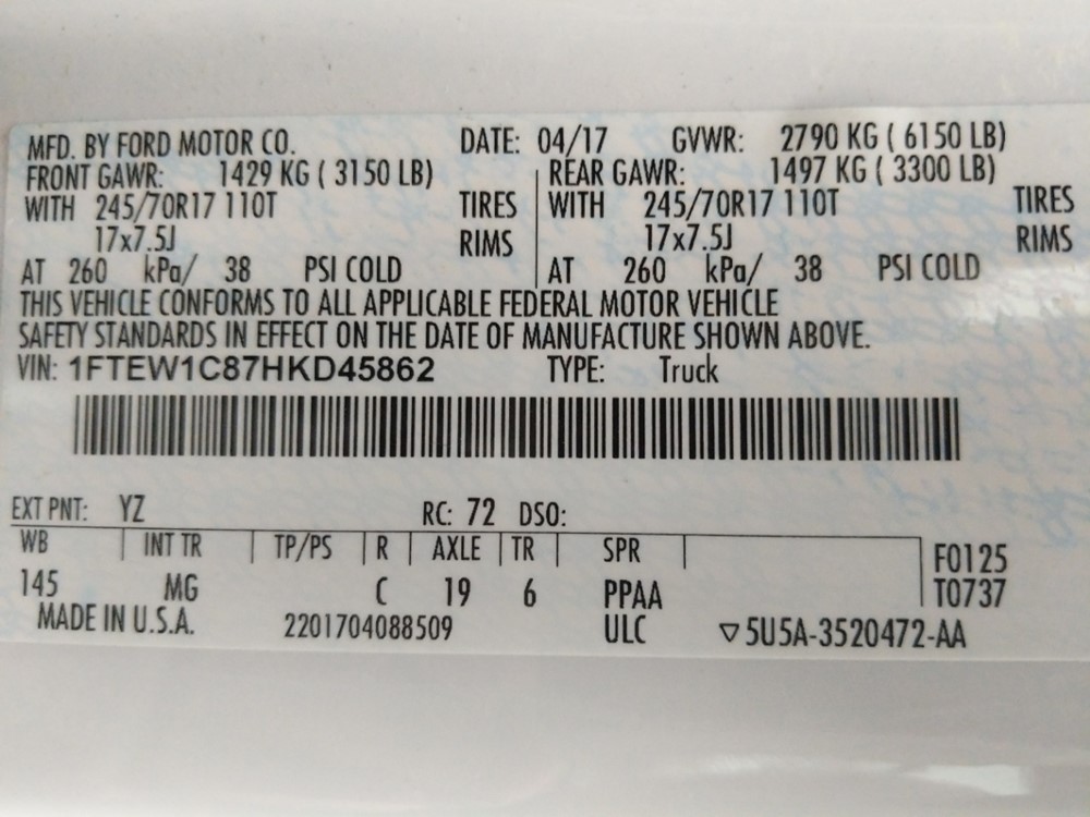 2017 Ford F-150 - VIN Plate