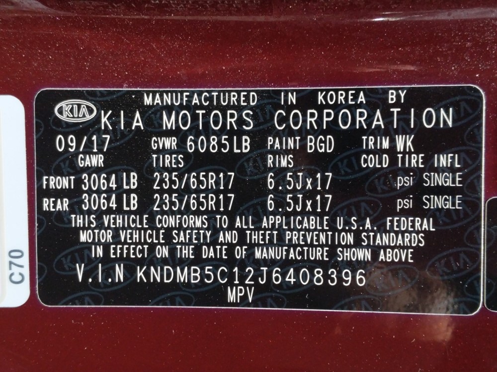 2018 Kia Sedona - VIN Plate