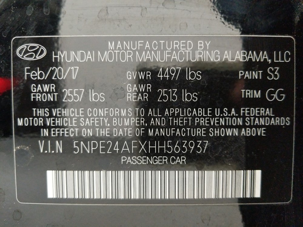 2017 Hyundai Sonata - VIN Plate