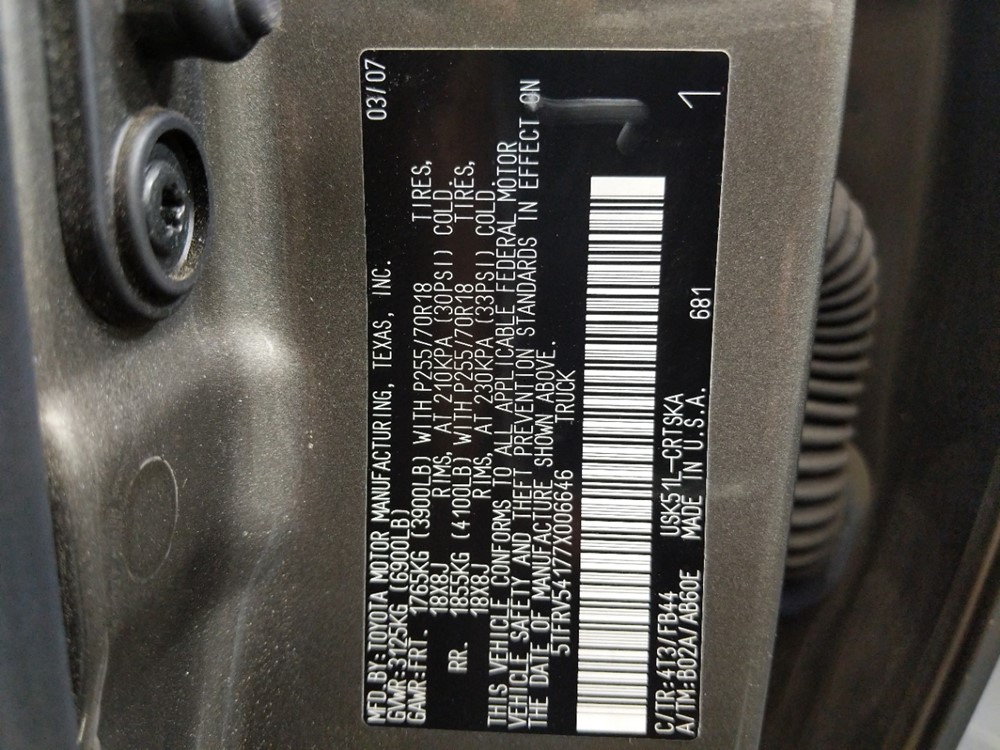 2007 Toyota Tundra - VIN Plate