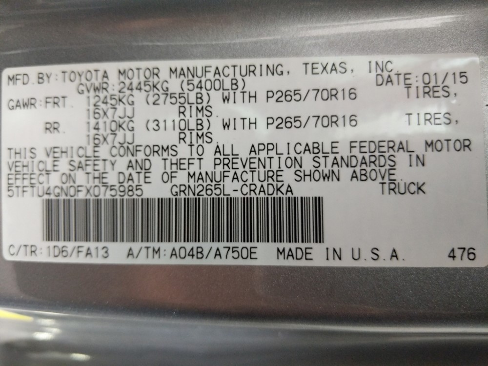 2015 Toyota Tacoma - VIN Plate