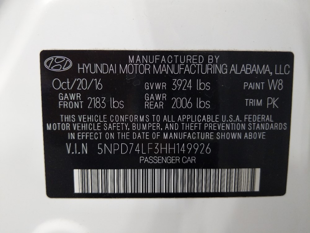 2017 Hyundai Elantra - VIN Plate