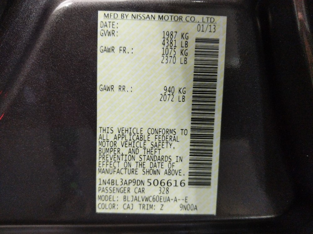 2013 Nissan Altima - VIN Plate