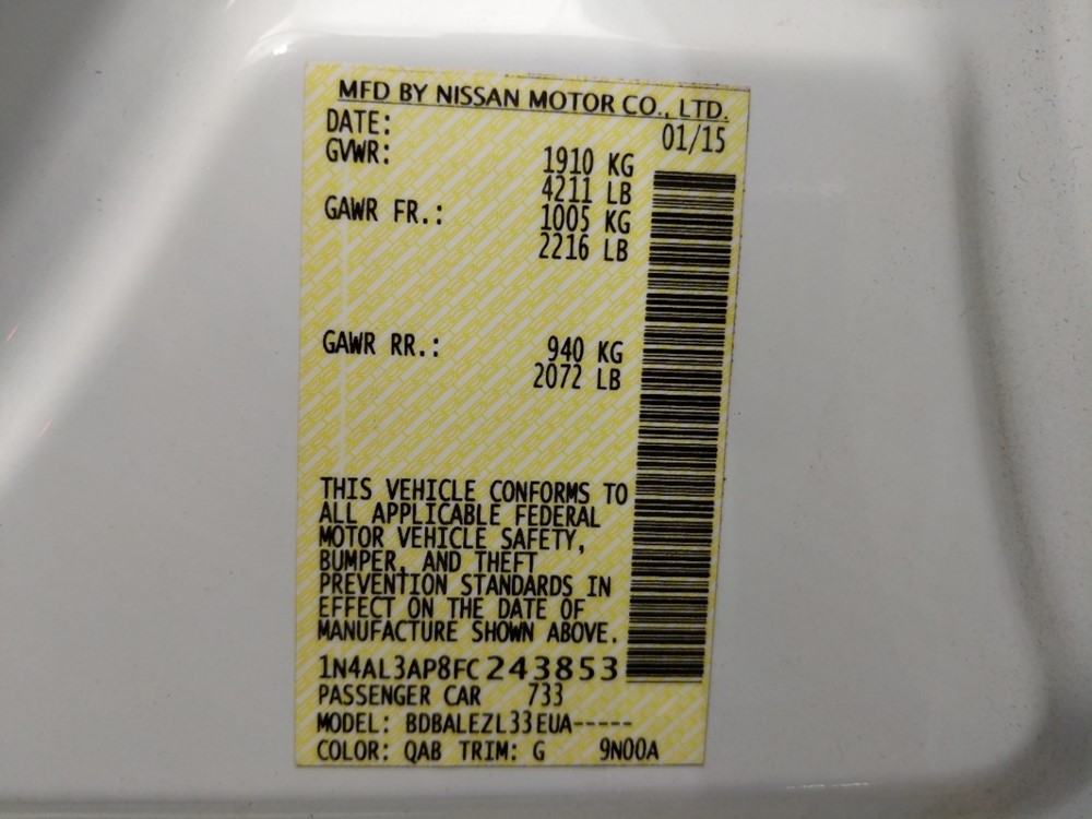2015 Nissan Altima - VIN Plate
