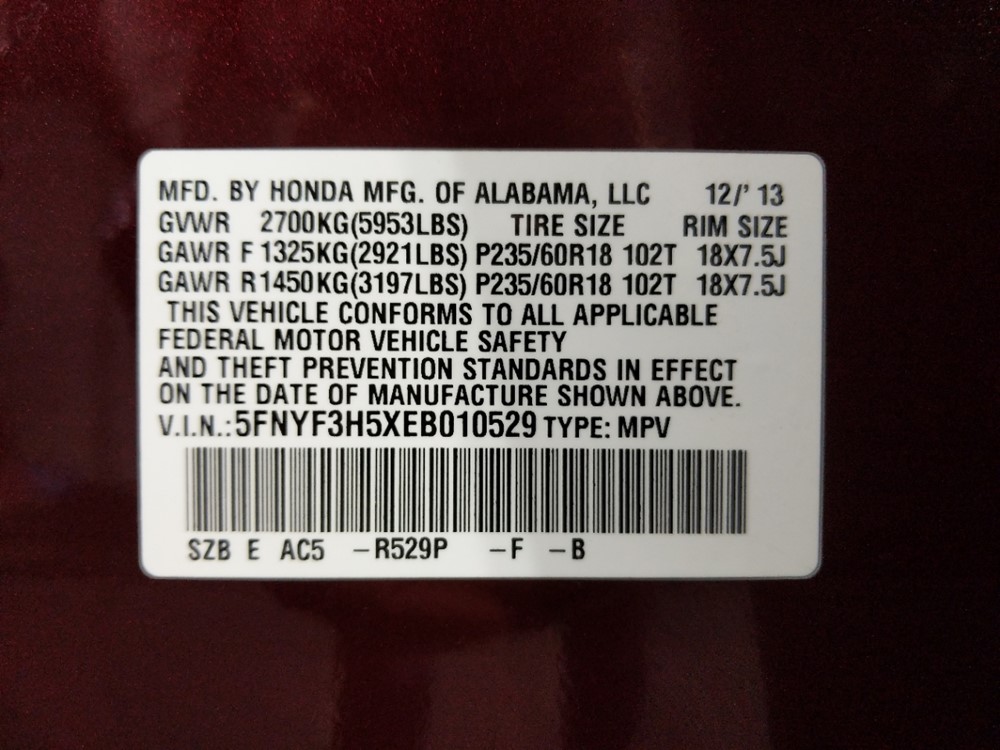 2014 Honda Pilot - VIN Plate