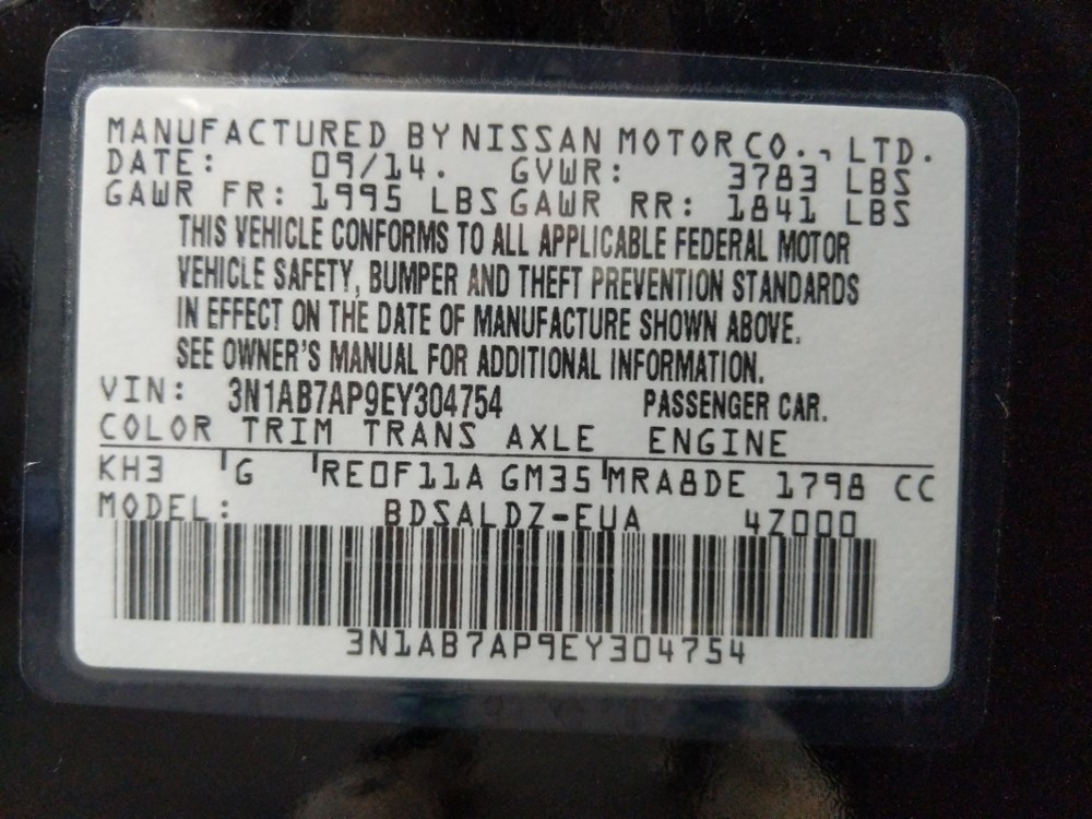 2014 Nissan Sentra - VIN Plate